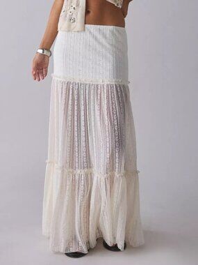 Kimchi Blue Semi Sheer Lace Maxi Skirt Tiered Boho Festival Cream L